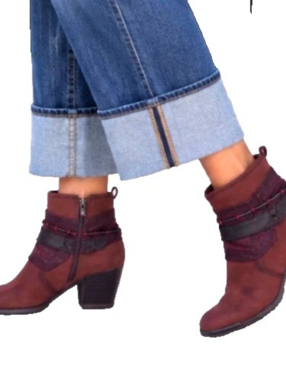 Tamaris Burgundy Ankle Booties Block Heel Side Zip Strap Detail Sz 38 US Sz 7.5